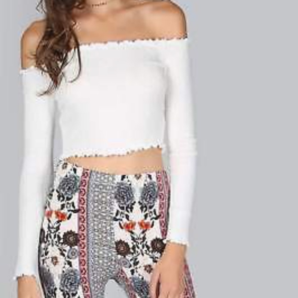 Long Sleeve White Crop Top with Lettuce Trim